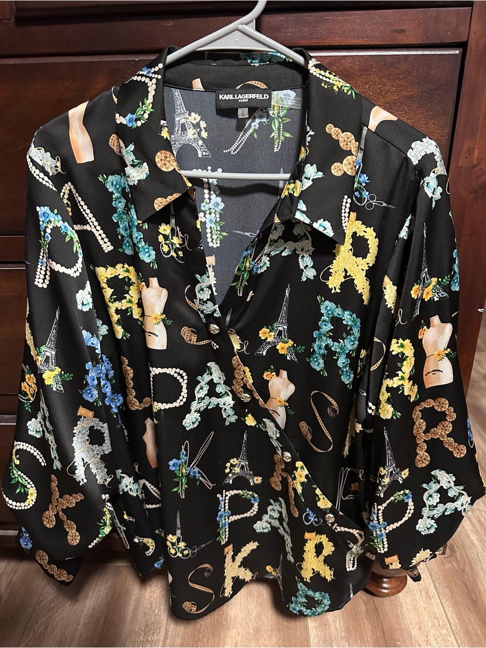 Karl Lagerfeld Black Satin Button-Up Shirt with Multicolor Floral Script